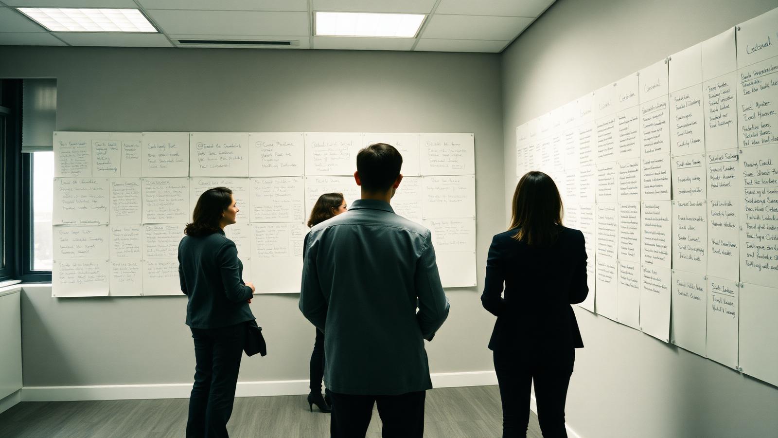 A team standing at a wall of research notes in a workshop room