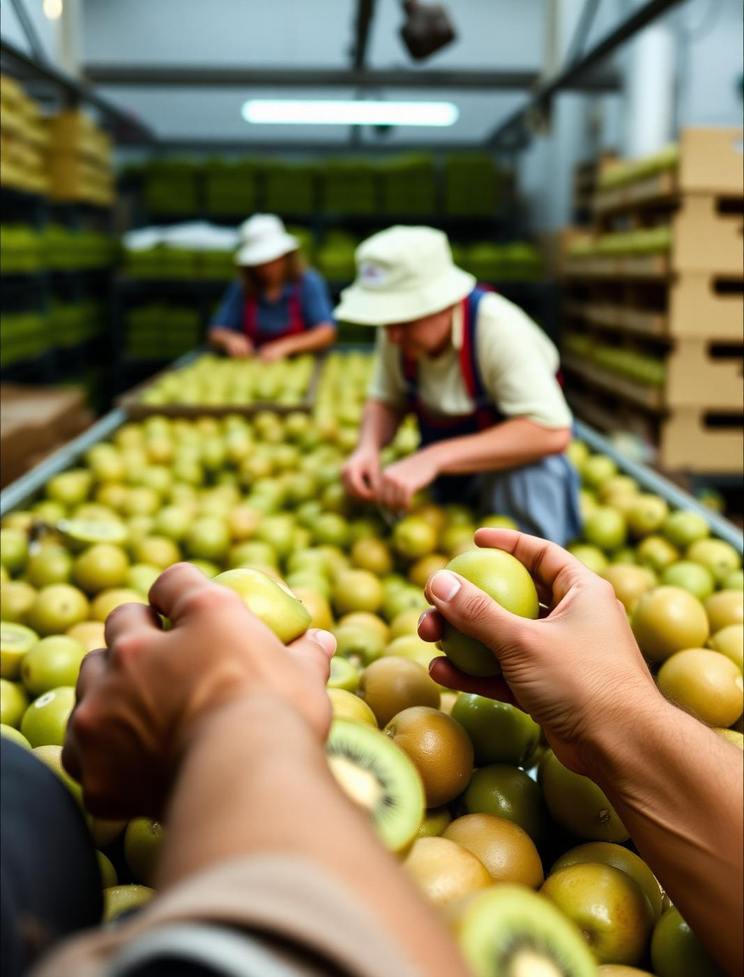 Hands sorting fresh kiwifruit in a packhouse