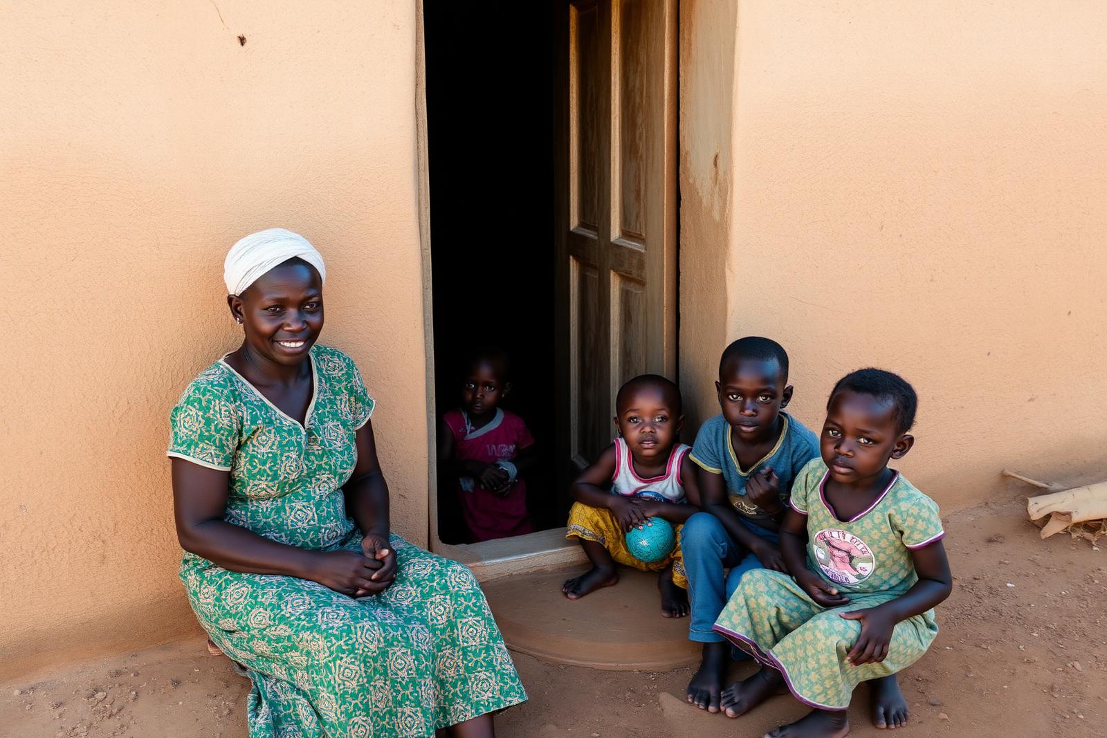 Caregiver and young children outside a home in East Africa during field research